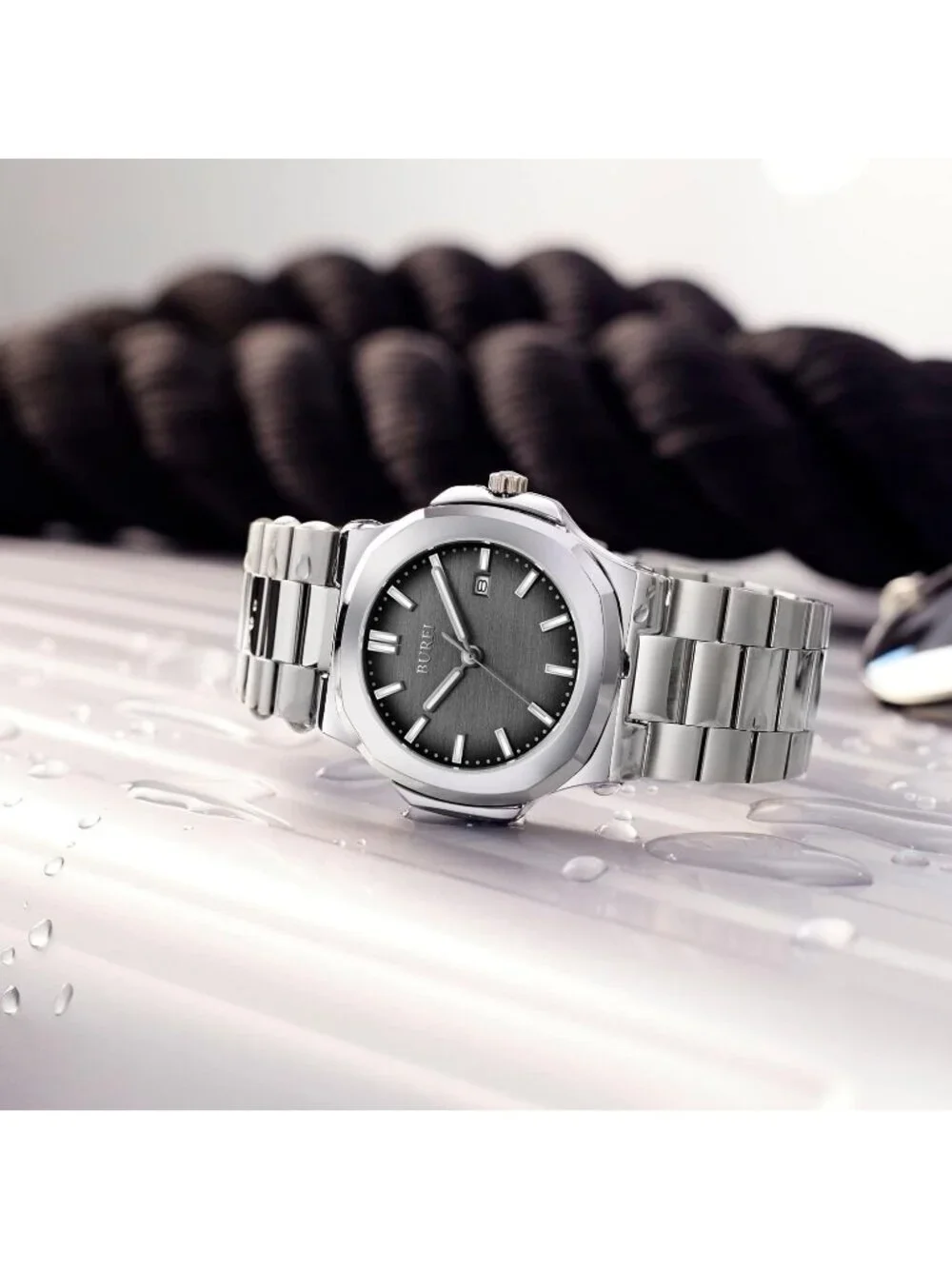 Men's Black Silver Analog Quartz Stainless Steel Waterproof Round Luxury Watch